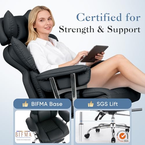 Image of DUMOS Big and Tall Office Chair 400 LBS, Scratch-Resistant PU Leather Executive Office Desk Chair with Footrest, Ergonomic Reclining Computer Chairs with Pocket Spring Support, Black