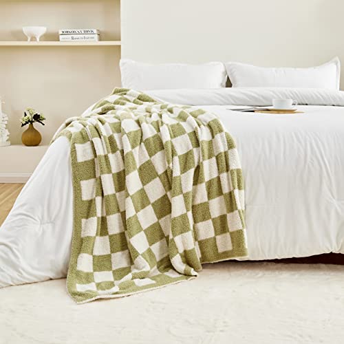 Image of CozeCube Sage Green White Reversible Checkered Knit Throw Blanket 50 inchx60 inch