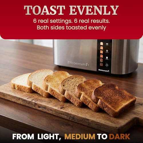 Image of Elite Gourmet ECT5500 4-Slice Long Slot Toaster, Fully Automatic Motorized, Stainless Steel Digital Touchscreen, Extra-Wide Slots, 6 Browning Levels, Bagel, Defrost & Reheat