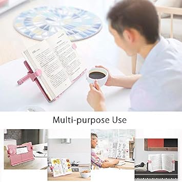 Adjustable Width Bookstand Folding 180 Angle Book Holder Portable Reading Stand Document Holder Bookrest Sheet Music Cookbook Cook Stand Lightweight Pink
