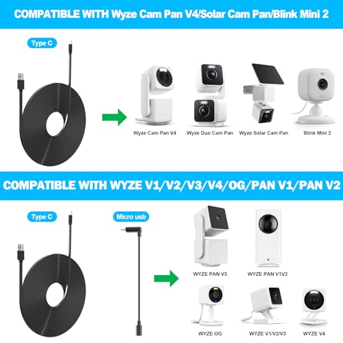 Image of 2 Pack 25FT Power Extension Cable Compatible with Wyze Cam v4 /v3 /OG,Wyze Cam Pan v3 /v4,Blink,eufy,NestCam Indoor,Amazon Cloud Camera,USB A to USB C (Black)