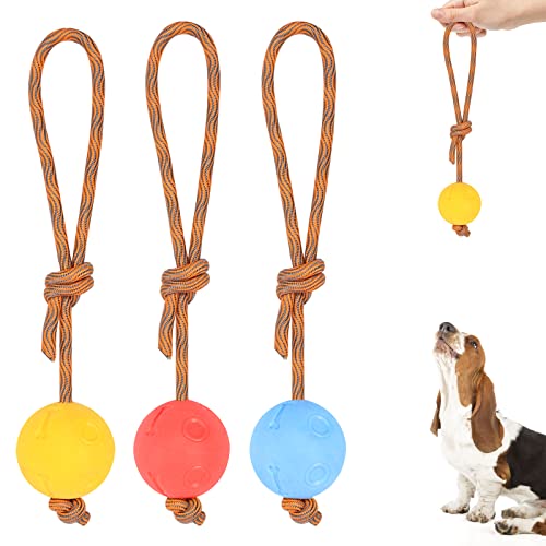 Pelota para perros con cuerda, 3 unidades con cuerda de caucho natural, pelota de juego para perros con cuerda suave y elástica, bola de lanzamiento con cuerda para perros grandes y pequeños