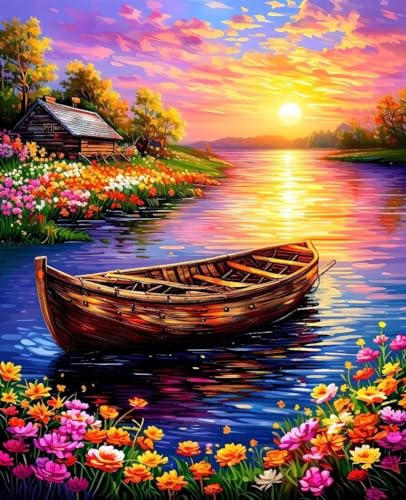 数字油絵 花 数字キットによる絵画 ボート Paint by Numbers DIYペイント 大人の 初心者 子供用 簡単に塗れる アクリル水彩絵の具 手芸 画材 手工芸 キット 3つのペイントブラシと1つのセットのアクリル顔料を使用 ホーム オフィス装飾