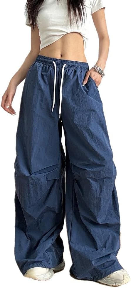 Striped Baggy Parachute Pants Women Y2k Track Pants Leopard Cargo Sweatpants Navy Blue