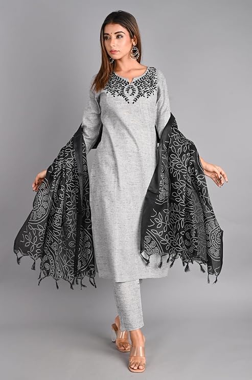 Image of H HIPHONIC Leaf Embroidered 3 /4 Sleeve Cotton Kurti Pant Set with Dupatta for Women