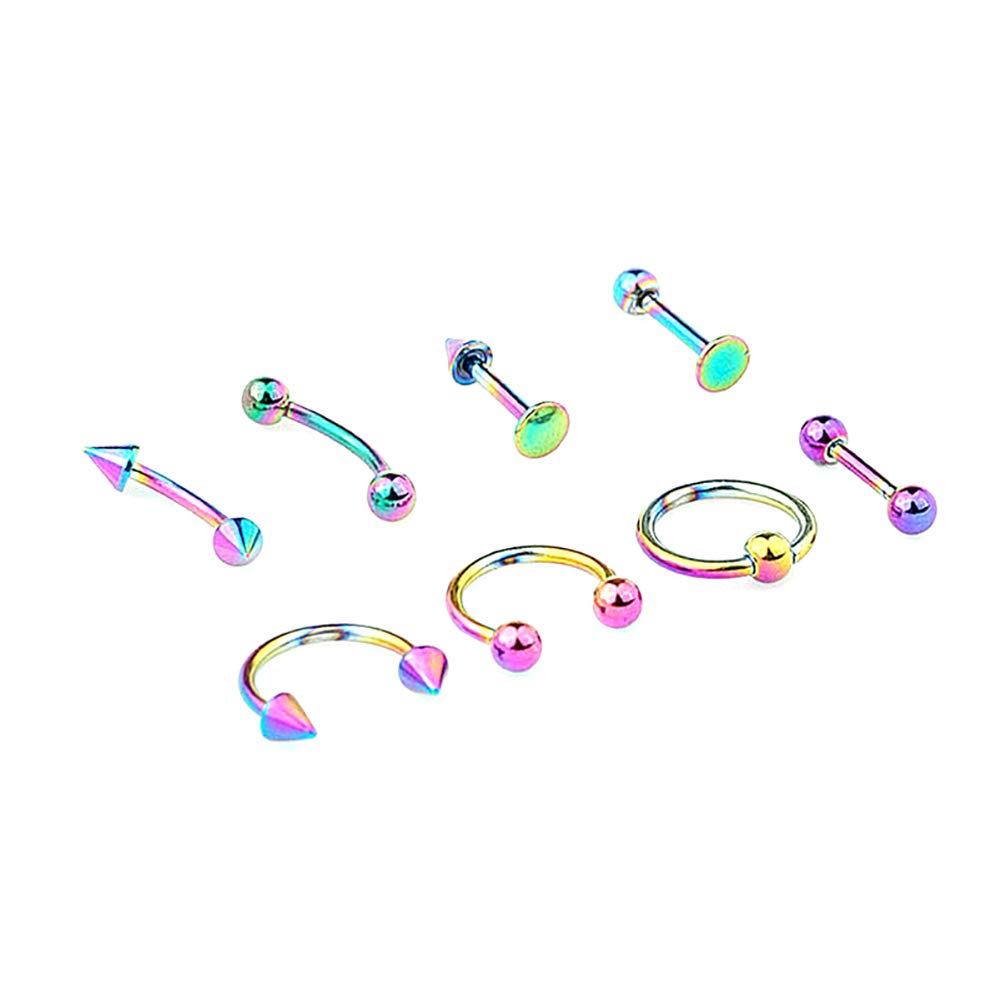 HEART SPEAKER8Pcs Tongue Eyebrow Nose Stud Rings Barbell Body Piercing Jewelry Multicolor
