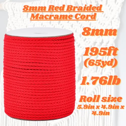 CAQUBO Braided Macrame Cord 8mm x 65 Yard, Red Color, Natural Cotton Cord, Cotton Rope for Crafts, Soft Casing Shape Rope, Macrame Supplies for Plant Hanger Wall Hanging by CAQUBO - Image 2