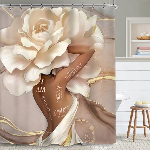 Yookeb African American Flower Bathroom Shower Curtain 60W by 71H Inch Black Girl Woman Sexy Marble Inspirational Motivational Positive Polyester Fabric 12 Plastic Hooks Waterproof Decor by Yookeb - Image 5