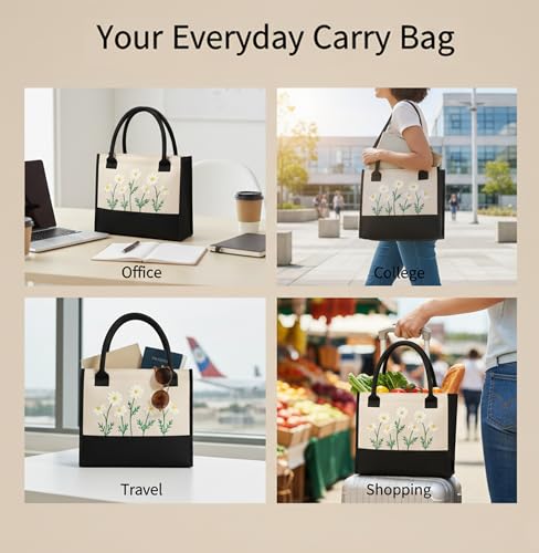 Image of Cotton Tote Bag For Woman Stylish | Embroidered Canvas Hand Bag With Floral Design | Casual Shoulder Bag Zipper For College Girls, Office, Daily Use, Travel, Beach, Shopping