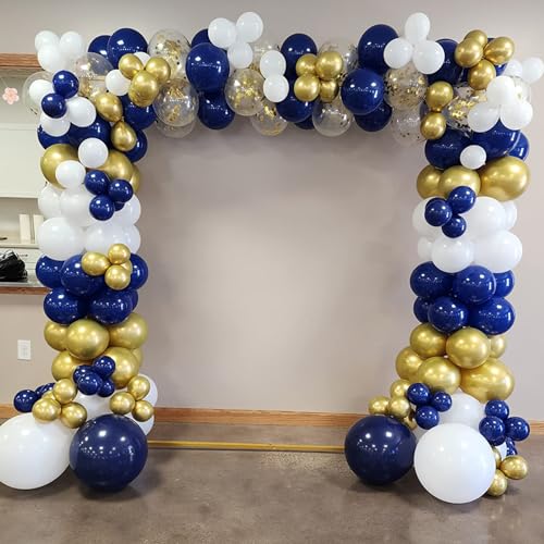 Image of Navy Blue Gold Balloons, 60 Packs 12 Inch Dark Blue White Gold Metallic Chrome Confetti Party Balloons with Ribbons for Birthday, Wedding, Baby Shower, Graduation Father's Day Decorations