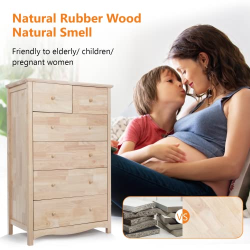 Vingli Unfinished Natural Solid Wood 6 Drawer Dresser For Bedroom, Farmhouse Dressers & Chests Of Drawers Color Diy Rubber Wood Tall Dresser With Full Extension Drawer Slides & Wood Knobs Rustic Style #TOP3