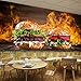 Produktbild Beef Burger Grill Feuer Essen Tapeten Wandbild Restaurant Küche Poster Dekoration, papier, M-130x85cm-1 panel