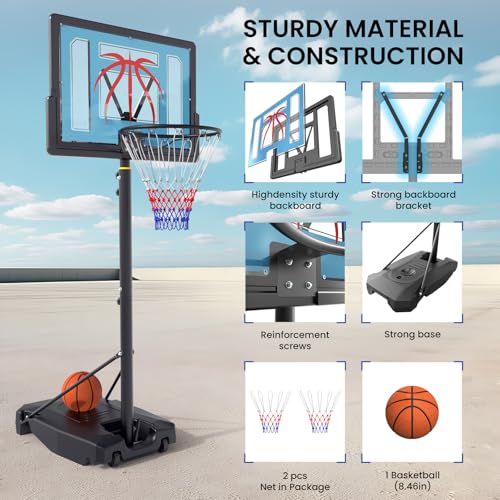 Basketball Hoop Outdoor 4.82-8.53ft Adjustable, Portable Basketball Hoop & Goals with 2 Wheels, 32 Inch PC Backboard/Fillable Base/Size 5 Basketball for Kids, Youth, and Adults in Backyard/Driveway - Thumbnail 2