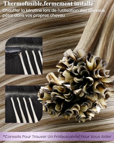 Extension kératine cheveux humain marron highlight platine #P8/24