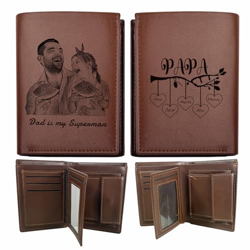 KOLOWKO Portafogli da uomo personalizzati, Portafogli con incisione, Portafogli con foto, Portafogli trifold in pelle da uomo, Regali per padre, marito, figlio, fidanzato, amici