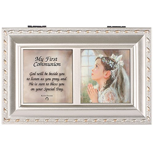 Cottage Garden First Communion God Beside You Brushed Silvertone Jewelry Music Box Plays Amazing Grace #TOP1
