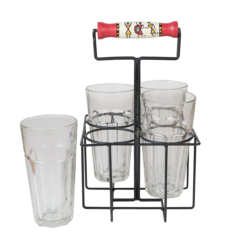 Artysta 'Warli Dancing' Transparent Juice Glasses with Stand | Big Glass Set for Water Mocktail Beer Lassi | Glass Organizer Set of 4 (400 ml) - Image 2 thumbnail