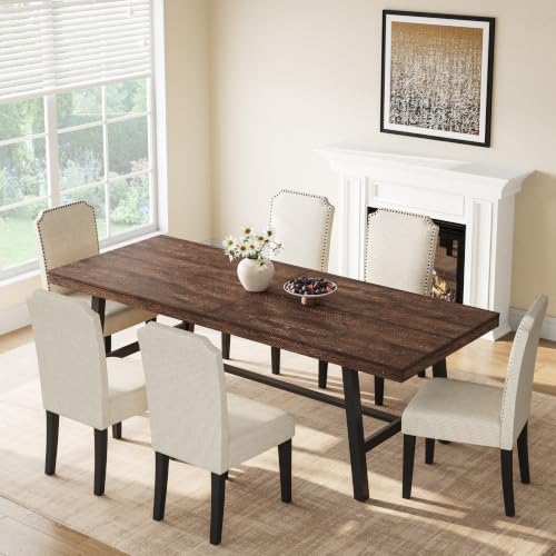 Image of GarveeHome Industrial Dining Table for 8-10 People, 86.61 inch Long Kitchen Table with Sturdy Metal Frame, Rectangular Counter for Dinner, Kitchen, Dining Room (Dark Rustic Birch, 87 inch Non-extendable)