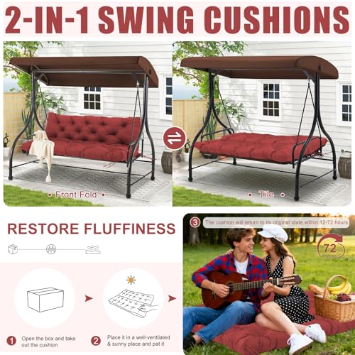 Image of Porch Swing Cushions Outdoor 48 inch x 40 Waterproof Swing Cushions 3 Seater Replacement with Backrest & 8 Ties 5 inch Thick Bench Swing Cushions for Outdoor Furniture Patio(Wine red)