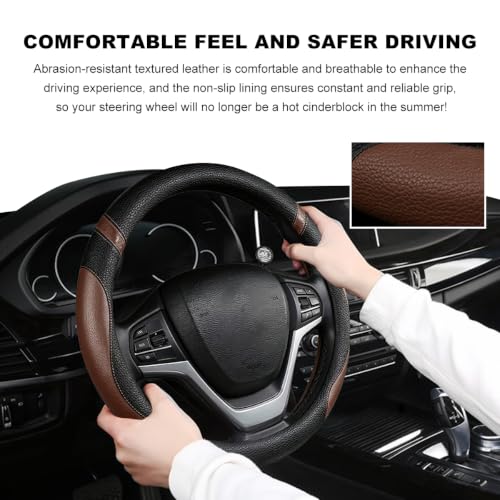 Image of Car Steering Wheel Cover, 15 Inch Premium Leather Breathable Non-Slip Wheels Wrap, Universal Auto Comfortable Steering Wheel Protector for SUV Truck Van, Car Accessories (Brown)