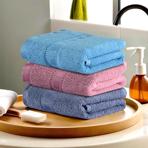 Image of Urbane Home Pack of 3 Cotton Hand /Face Towels for Men & Women | Easily Washable | Workout Gym Napkins for Men | Pocket Towel - Dark Blue-Pink & Sky Blue