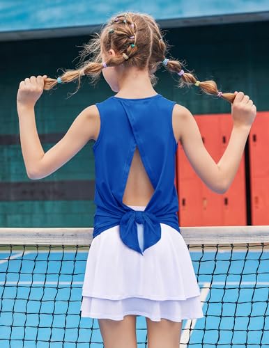 Image of Zaclotre Girls Athletic Tank Tops Open Tie Back Sleeveless Workout Shirts | Kids Sport Shirt 5-14Y, Stretchy, Lightweight, Quick-dry, Open Back, Tie Back, Dance, Tennis, Outdoor, Daily Wear