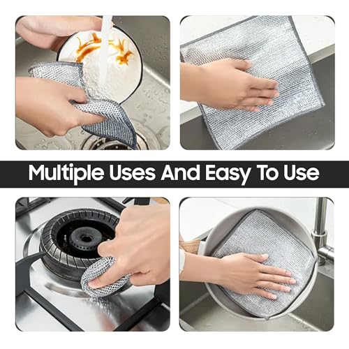 Image of SHITHI 13-Piece Cleaning Combo - 10 Reusable Stainless Steel Wire Dishcloths + 3 Tile & Gap Cleaning Brushes | Heavy-Duty Multipurpose Scrubber Set for Kitchen, Bathroom & Home Use