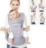 Viedouce Ergonomic Baby Carrier with Detachable Hip Seat Front Back Carry Backpack with Hood Newborn Toddler Child Carrier Lightweight Breathable, Gray