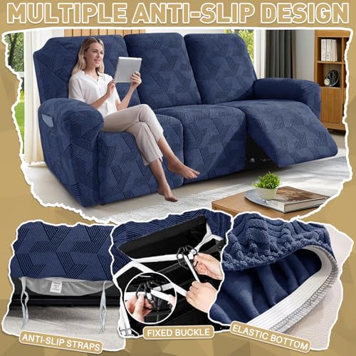 JIVINER Stretch Reliner Couch Covers, 5 Pieces Geometrical Jacquard Recliner Sofa Slipcover with Elastic Bottom & Pockets, Lazy Boy Recliner Sofa Covers for Pet, Kids (3 Seater, Navy Blue) by JIVINER - Used condition - Image 3