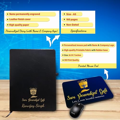 Image of SAVRI Personalized Corporate Gift Set -Custom Engraved Pen, Leather Diary, Bottle, Metal Keychain, Printed Mouse Pad & Black Polo T-Shirt with Name & Company Logo | Employee Welcome Kit & Office Gifts