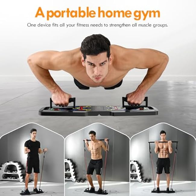 Push Up Board,Home Gym,Portable Exercise Equipment,Pilates Bar and 20 Fitness Accessories with Resistance Bands and Ab Roller Wheel,Full Body Workout at Home