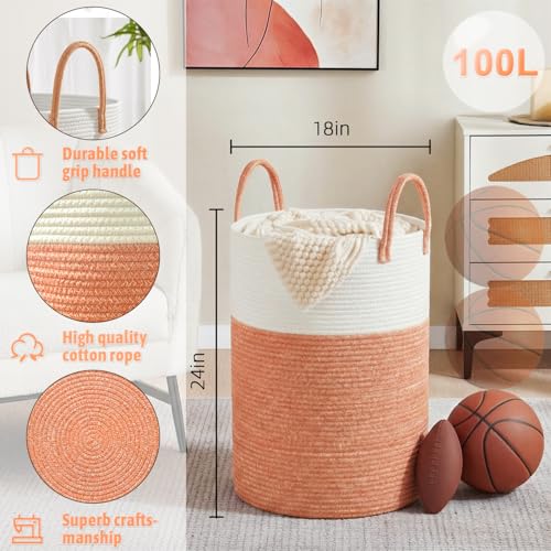 Image of Laundry Basket,Woven Cotton Rope Laundry Hamper,100L for Decor Storage of Dirty Clothes,Toys and Blankets in Bathroom,Baby Room and Living Room