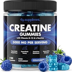 Creatine Gummies 5000mg 120ct Max Strength Muscle Growth Recovery Supplements for Men & Women Creatine Monohydrate, B12 & L-Taurine Vegan Pre Workout Chewable Gummies, 1 Month Supply (Blue Raspberry)