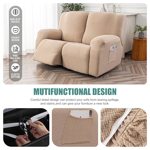 Image of Genina Recliner Loveseat Cover Stretch Couch Covers Sofa slipcover for 2 Seat Reclining Couch Thick Jacquard Furniture Protector (Khaki)