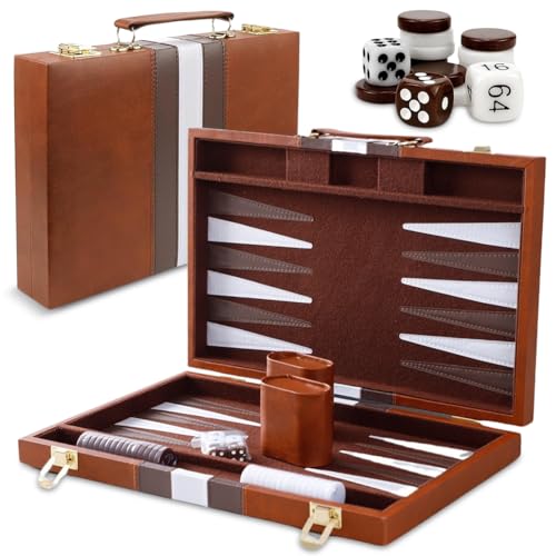 Juego de Backgammon de Madera de Backgammon, Juego de Mesa de Backgammon, Juego de Mesa de Viaje con Funda de Piel de con Taza de Dados, Juego de Mesa con maletín de Piel sintética para