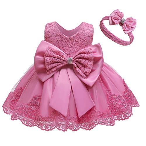 KISSOURBABY Toddler Baby Girls Embroideries Baptism Dresses Christening Special Occasions Gown for Baby Girl with Headwear (Bean Pink All, 12-18 Months)