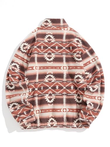 Image of ZAFUL Men 1 /4 Zipper Ethnic Aztec Fleece Unisex Winter Sweatshirt Tops 2026 | Funnel Neck Fluffy Polar Fleece Faux Sherpa Soft Thermal Pullover Kangaroo Pocket Jacket Hoodie Tops