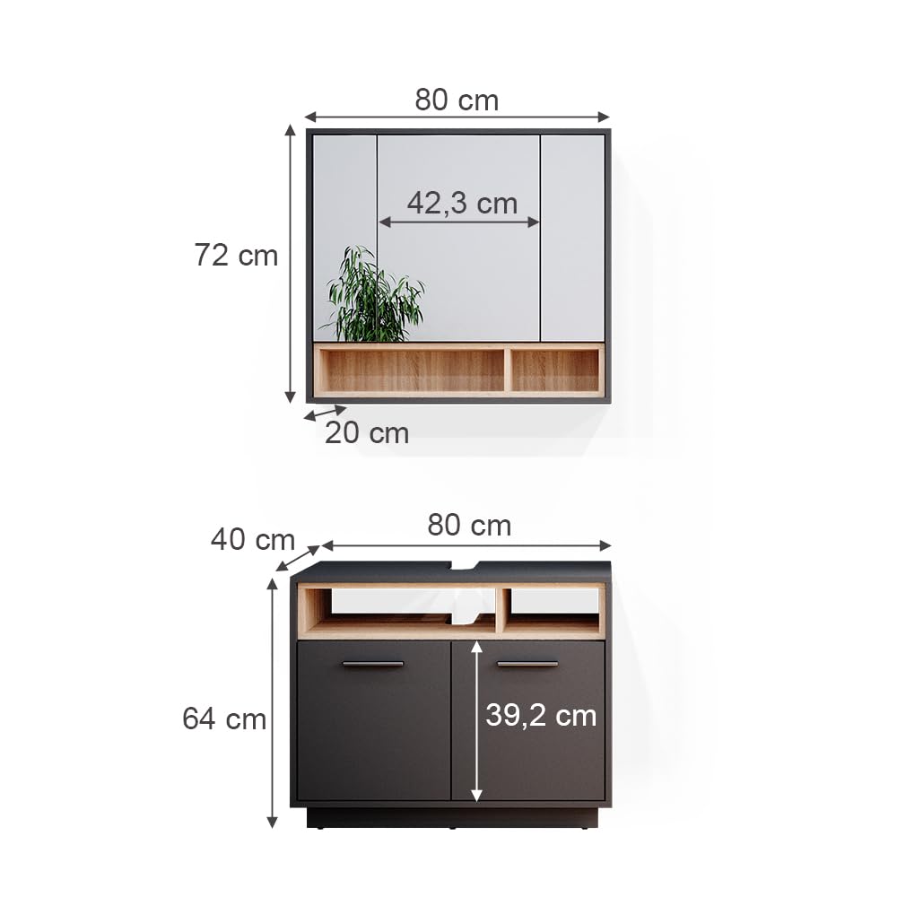 Vicco Badmöbel-Set Beatrice, Anthrazit, 80 cm, besteht aus Badspiegel und Waschbeckenunterschrank