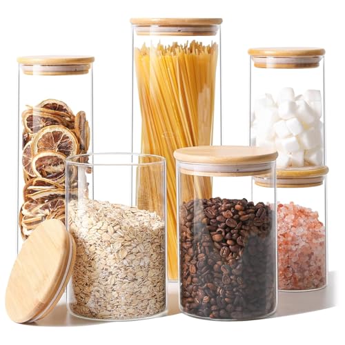 ComSaf Glass Food Storage Jars Set of 6, Clear Glass