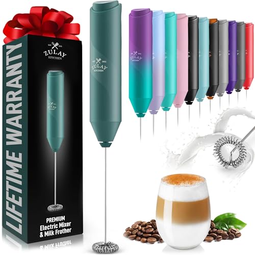 Image of Zulay Kitchen Milk Frother Handheld Battery Operated - Electric Drink Mixer for Coffee, Lattes, Cappuccinos, Matcha & Hot Chocolate - Portable Foam Maker & Coffee Bar Accessory - Dark Green