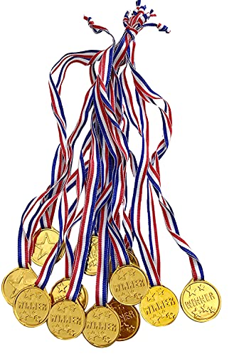 Art&Beauty 12PCS Gold Plastic Winner Award Medals for Parties Sports Competitions Spelling Bees Party Favors