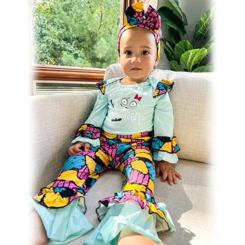 HINTINA Newborn Infant Baby Girl First Halloween Outfits Bodysuit Bell Bottom Pants Clothes Set With Headband2