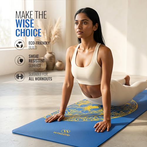 Image of WiseLife Printed Yoga Mat for Women & Men | 6mm Thick Non-Slip Exercise & Fitness Mat | Anti-Skid Workout Mat with Carry Strap for Yoga, Pilates, Meditation, Stretching & Home Gym (Blue Mandala)