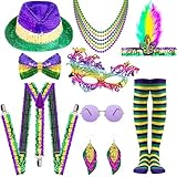 16PCS Mardi Gras Costume Set - Purple Gold Green Sequined Fedora Hat Suspenders Bowtie Eye Mask Earrings Bead Necklaces Sunglasses Striped Sock Tights for Adults Mardi Gras Carnival Dress up
