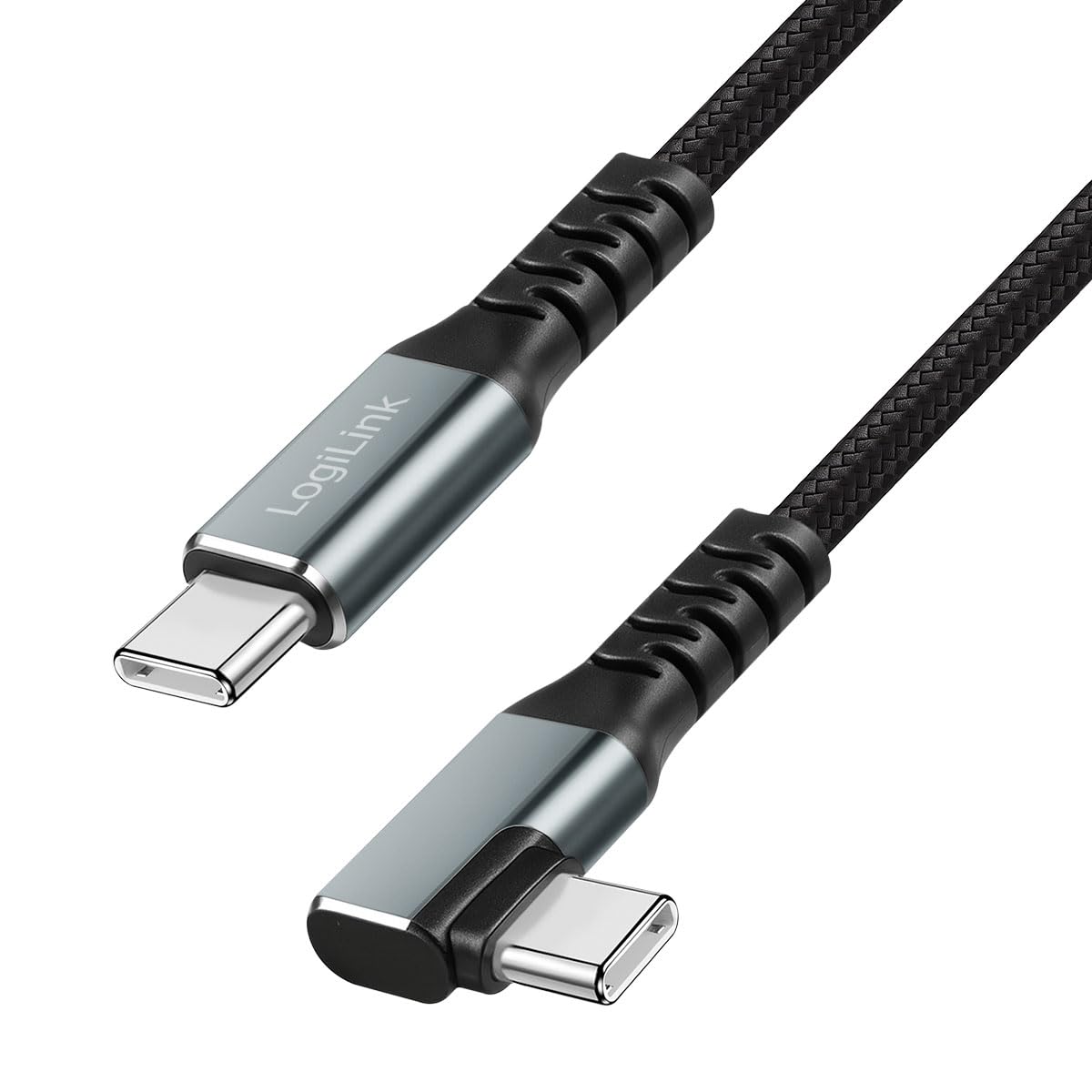 LogiLink Kabel przyłączeniowy USB 3.2 Gen2 typu C, wtyczka USB-C 90° do wtyczki USN-C, transmisja danych 10 Gbit/s, 100 W (PD3) i chipset E-marka, rozdzielczość wideo 4K/60Hz, płaszcz nylonowy