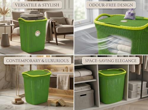 Image of Plastic Laundry Basket with Lid | 60L Extra Large Knit Hamper | Strong & Durable | Ideal for Bathroom, Bedroom & Kids Room | Multipurpose Cloth Storage Organiser | 36 x 46 x 61 cm | Olive Green