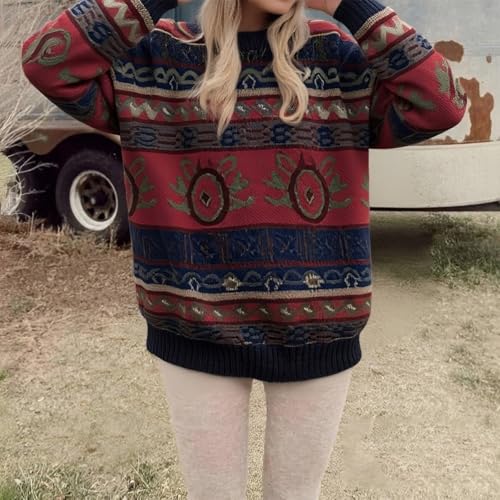 Image of Women Vintage Striped Pullover Sweater Y2k Long Sleeve Crew Neck Loose Knit Sweaters Fall Winter Knitwear