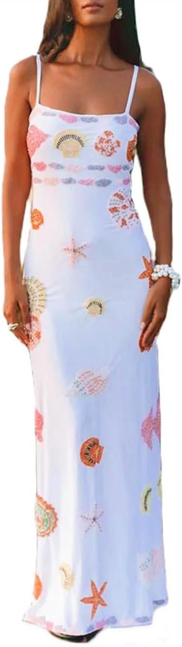 Long summer dress with starfish shell print, backless spaghetti strap.