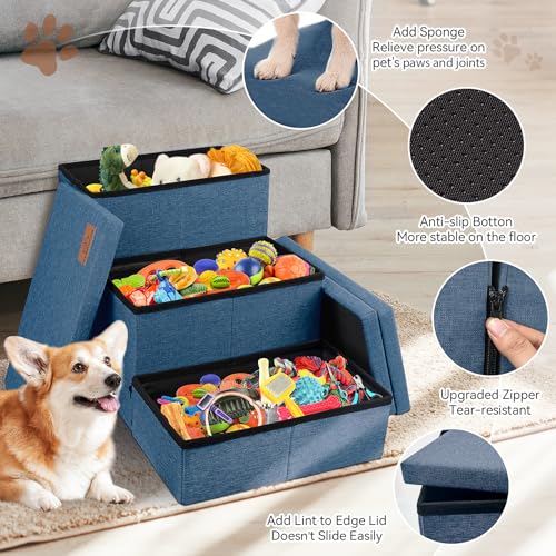 Image of Dog Stairs with Storage 18 inch H, 3-Step Wider Dog Steps for Small /Medium /Large Dogs Cats, Folding Sturdy Pet Stairs Climbing Bed or Sofa, Ramp for Car Hold Up to 200 lbs (Navy Blue, No Condo)