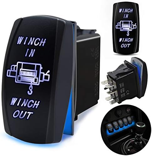 FABOOD F 7 Pin Winch in/Out Momentary Rocker Switch Laser ON-Off-ON Two LED Backlit Blue Light 20A 12V for Auto Automotive Motorcycle Truck Boat Marine Off-Road ATV Replace Kit (with Jumper Wire)
